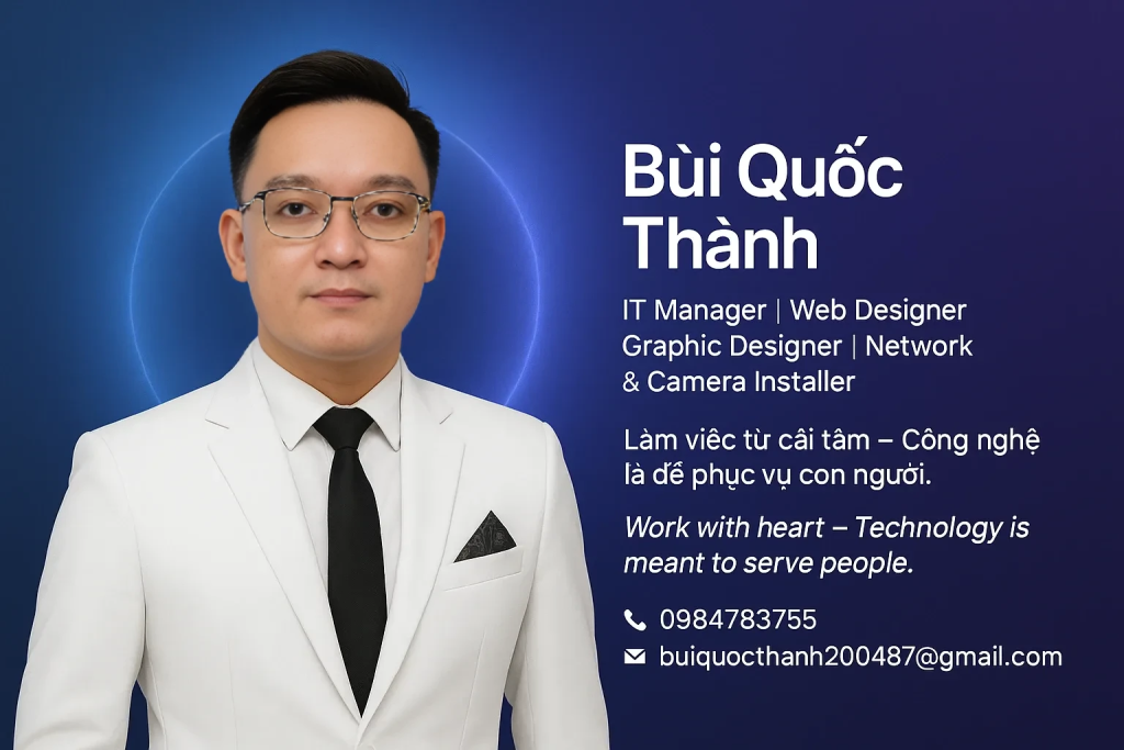 Từ khóa chính: Bùi Quốc Thành, chuyên gia IT, sửa máy tính từ xa, thiết kế website chuẩn SEO, thiết kế ứng dụng, thiết kế phần mềm Từ khóa phụ: quản lý hệ thống IT, thiết kế đồ họa, lắp đặt camera giám sát, lắp đặt mạng nội bộ, hỗ trợ TeamViewer, hỗ trợ Ultraviewer, giải pháp công nghệ, tối ưu tốc độ máy tính Bùi Quốc Thành